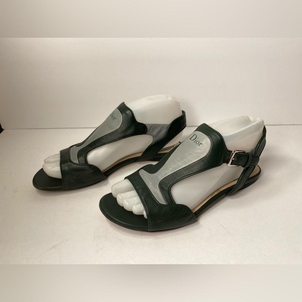 Christian Dior Flat Leather Sandals Dark Green Grey 36